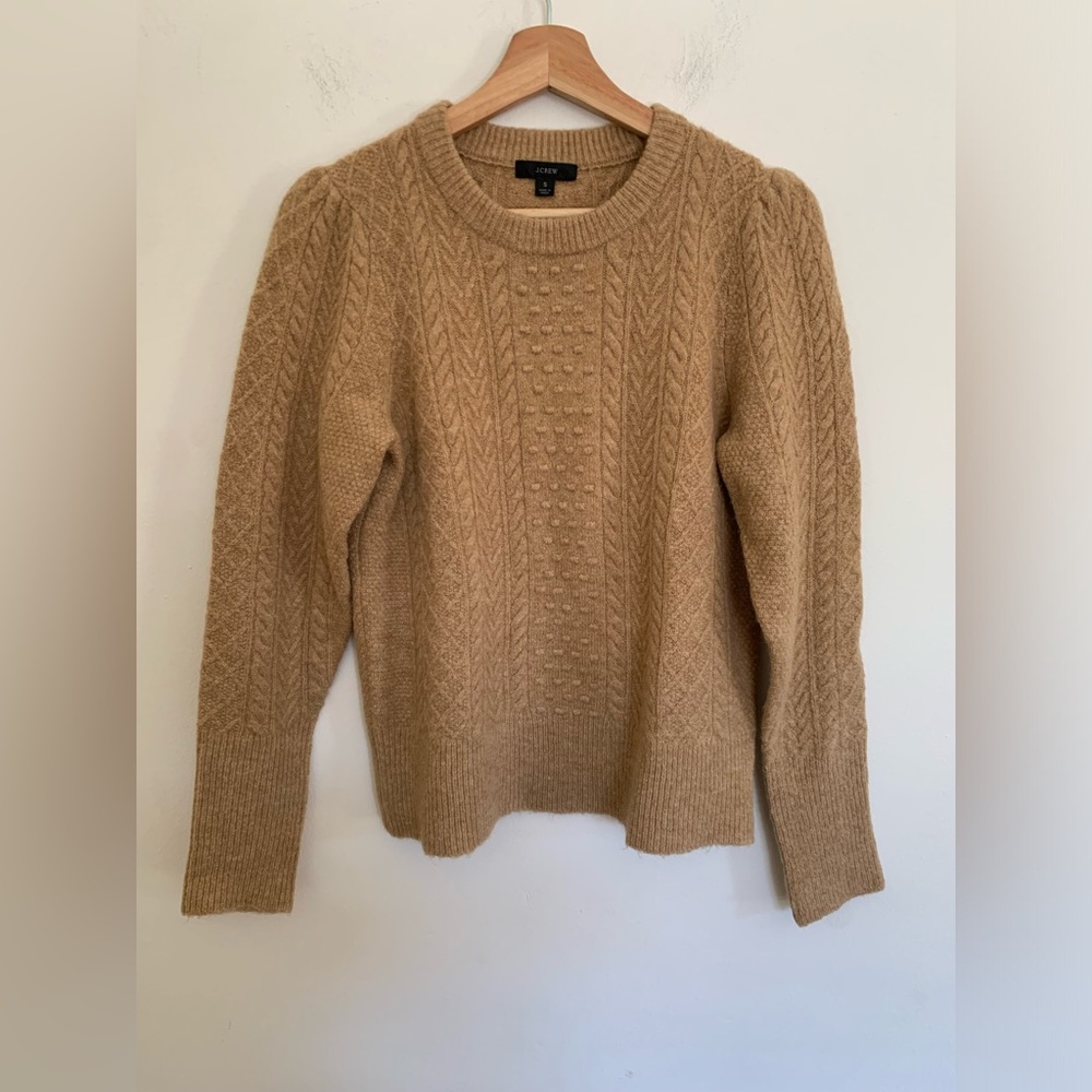 J. Crew Stretch Wool Cable Knit Crewneck Sweater in Heather Camel Size S